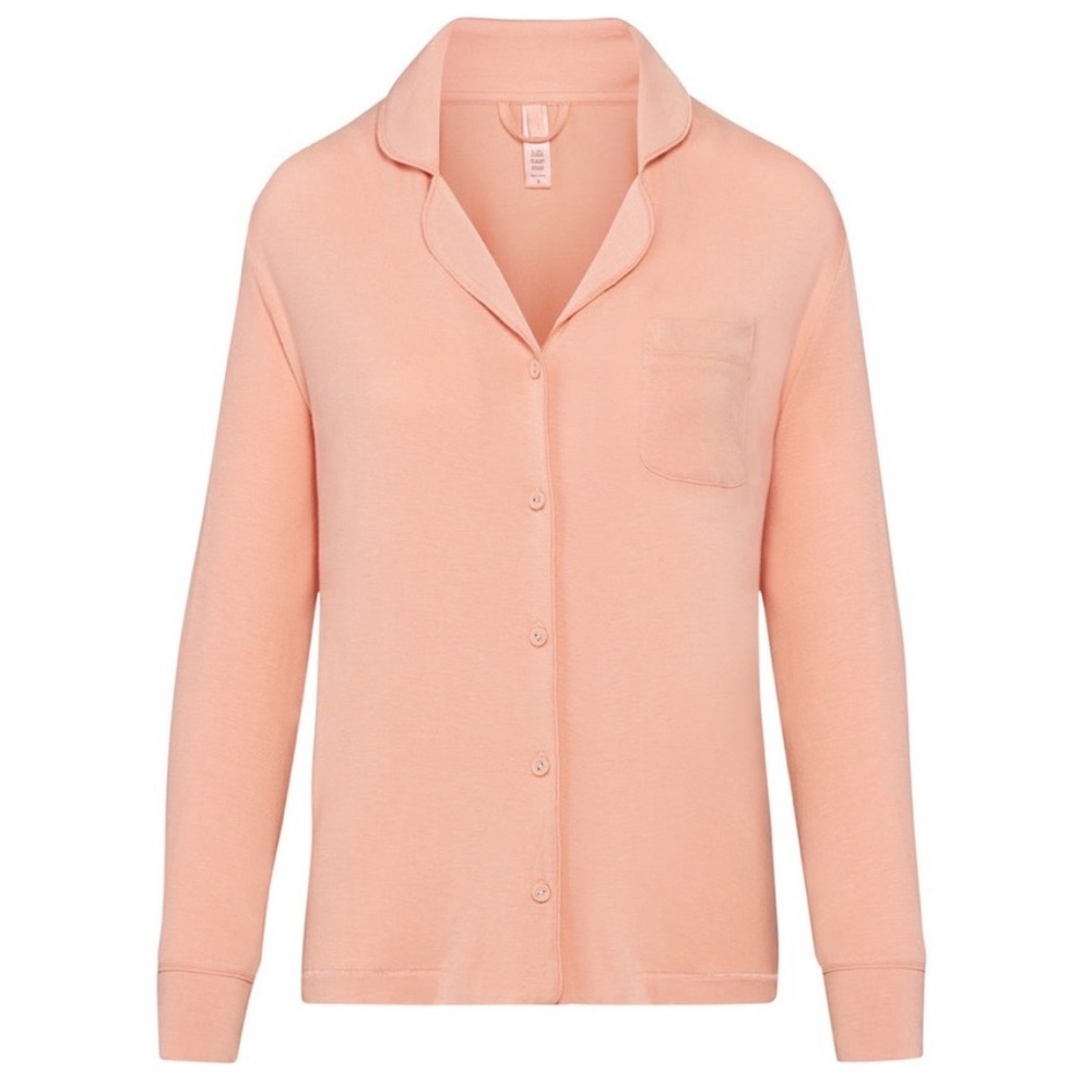 SKIMS peach ribbed super soft & stretchy button up pajama top size 2X NWOT - Picture 2 of 13
